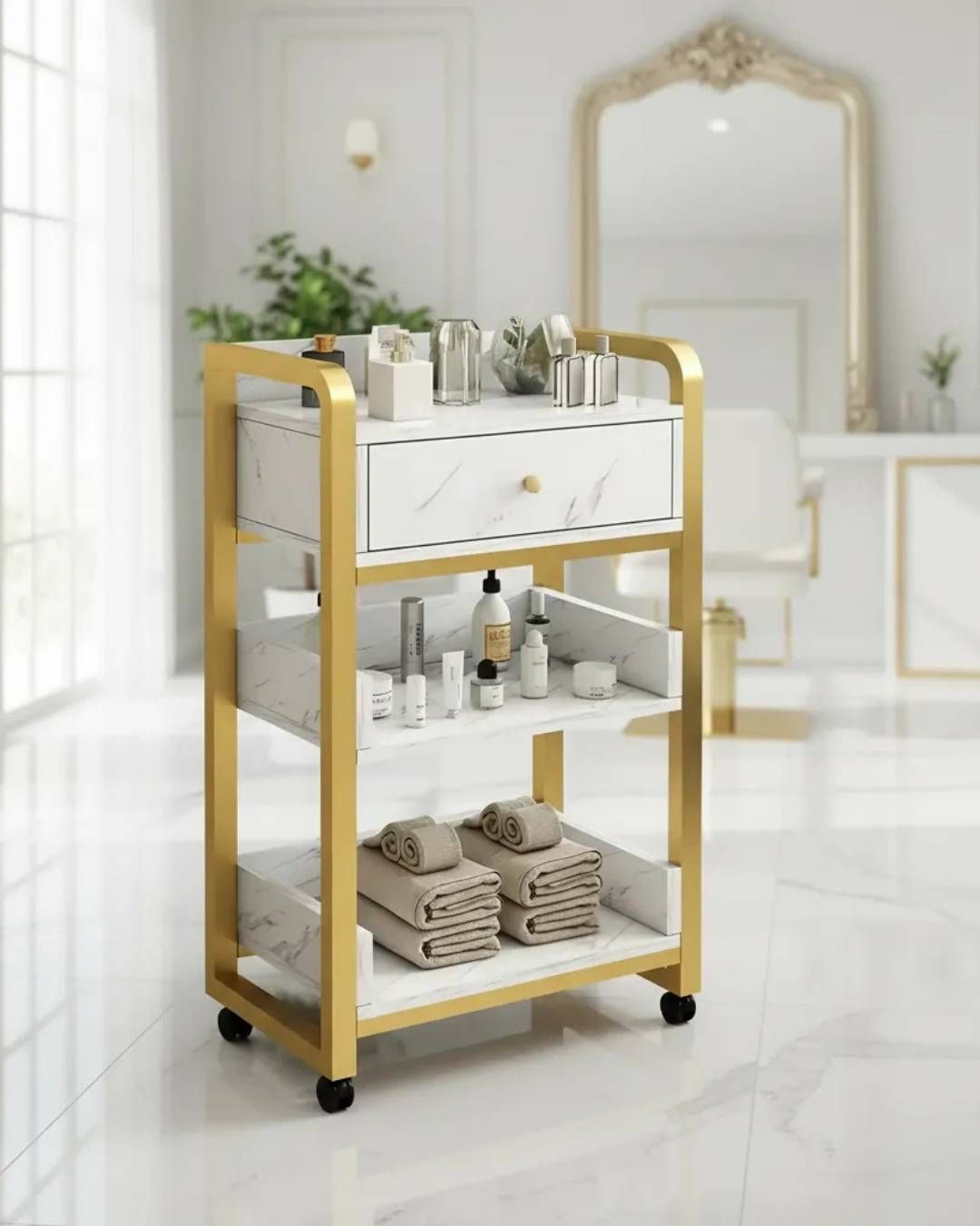 Carrito Auxiliar Estética Dorado y Blanco Profesional - Crazy Shop