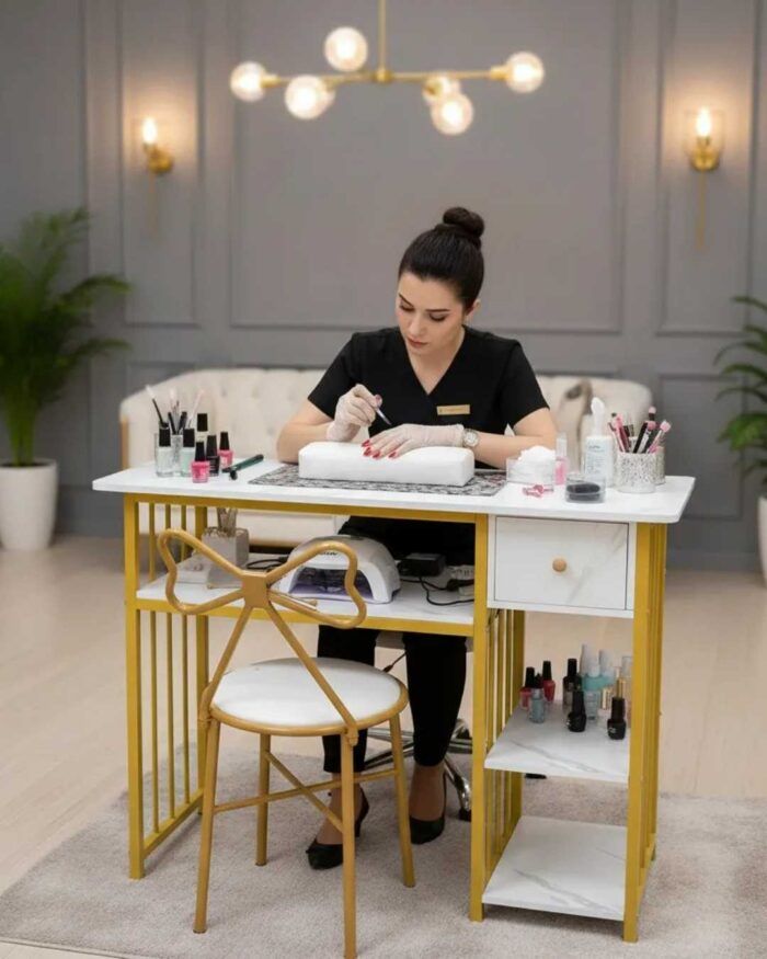 Mesa de Manicura Profesional con Silla Hada Dorado y Mármol - Imagen 2