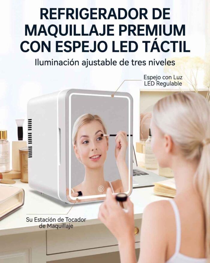 Mini Heladera Estética Con Espejo LED Para Cosméticos - Imagen 2