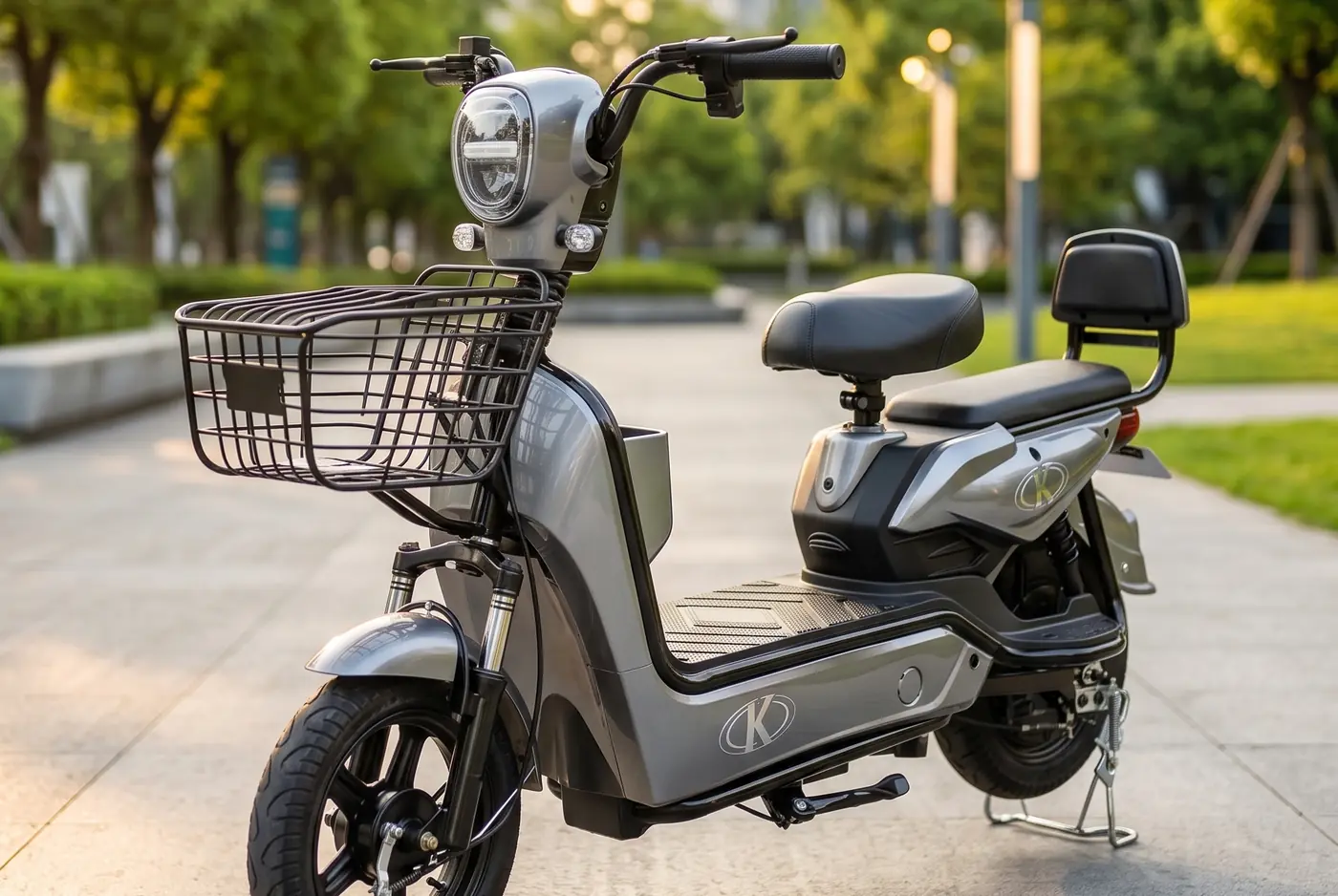 Moto eléctrica con canasto estacionada en un parque