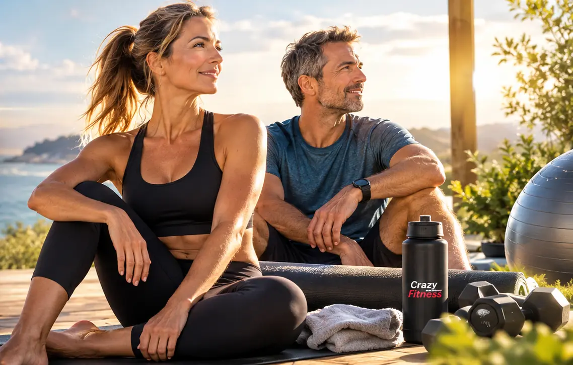 Pareja de más de 40 descansando después de entrenar al aire libre