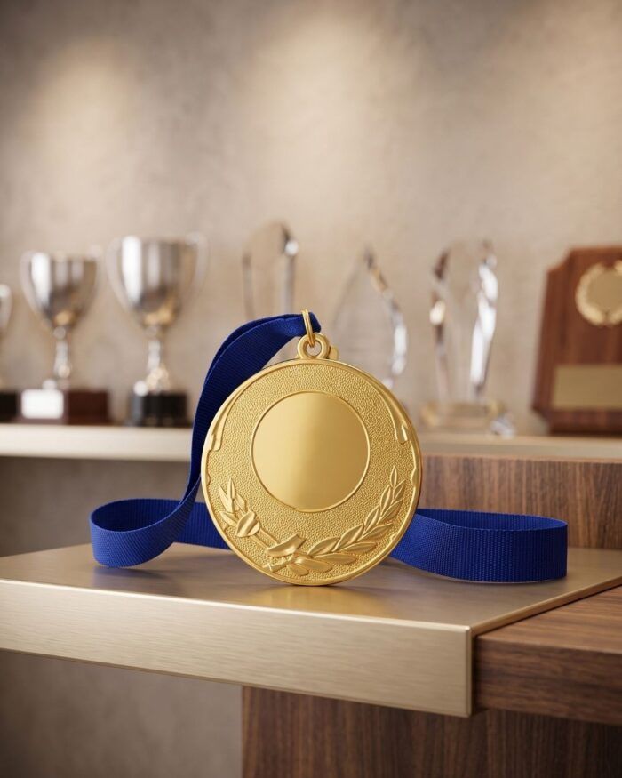 Medalla deportiva color oro con cinta