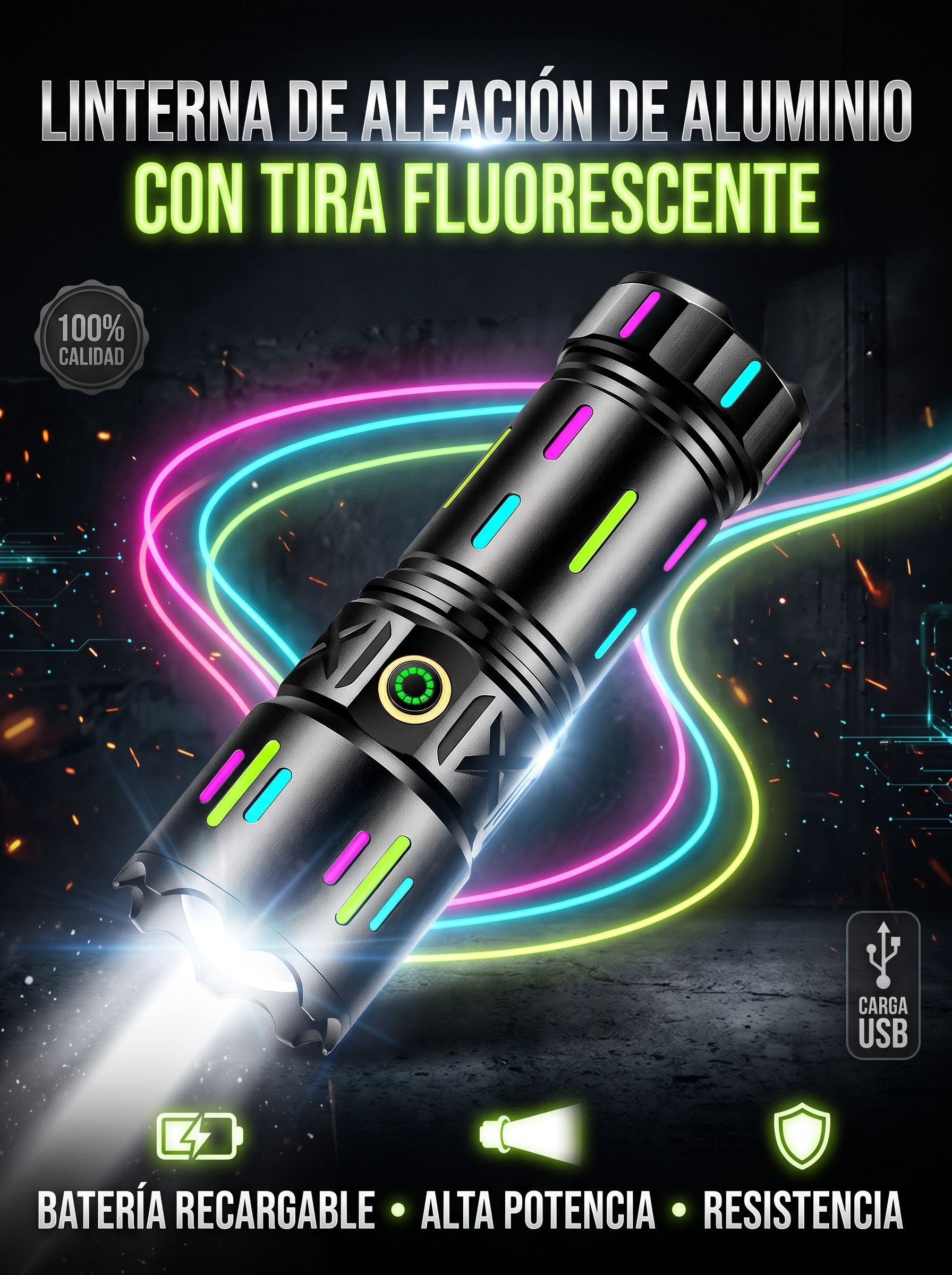 Linterna táctica de aluminio con estuche y accesorios