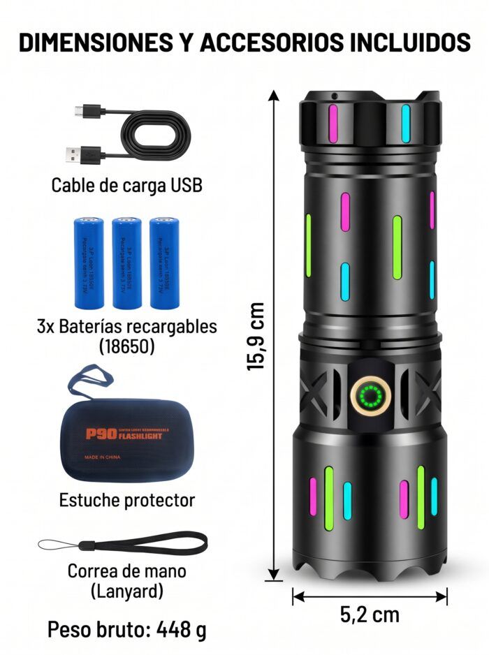 Linterna táctica de aluminio con estuche iluminando un sendero