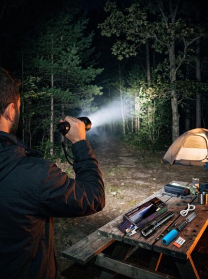 Linterna con zoom iluminando un camping