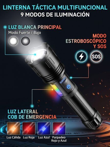 Linterna recargable con luz lateral de colores