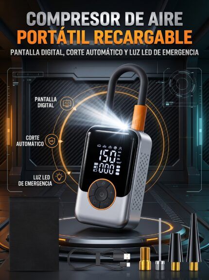 Inflador portátil recargable con pantalla digital