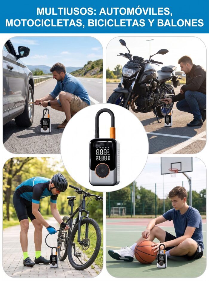 Compresor portátil a batería para auto, moto, bici y pelotas