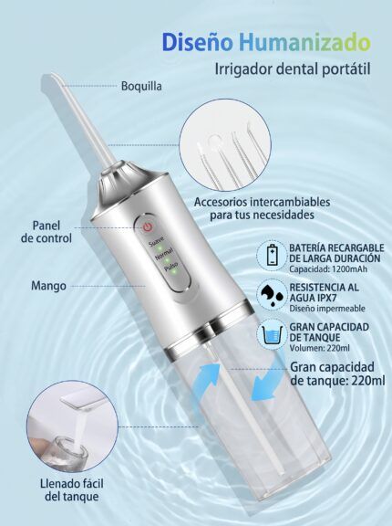 Irrigador bucal portátil recargable con tanque de 220 ml