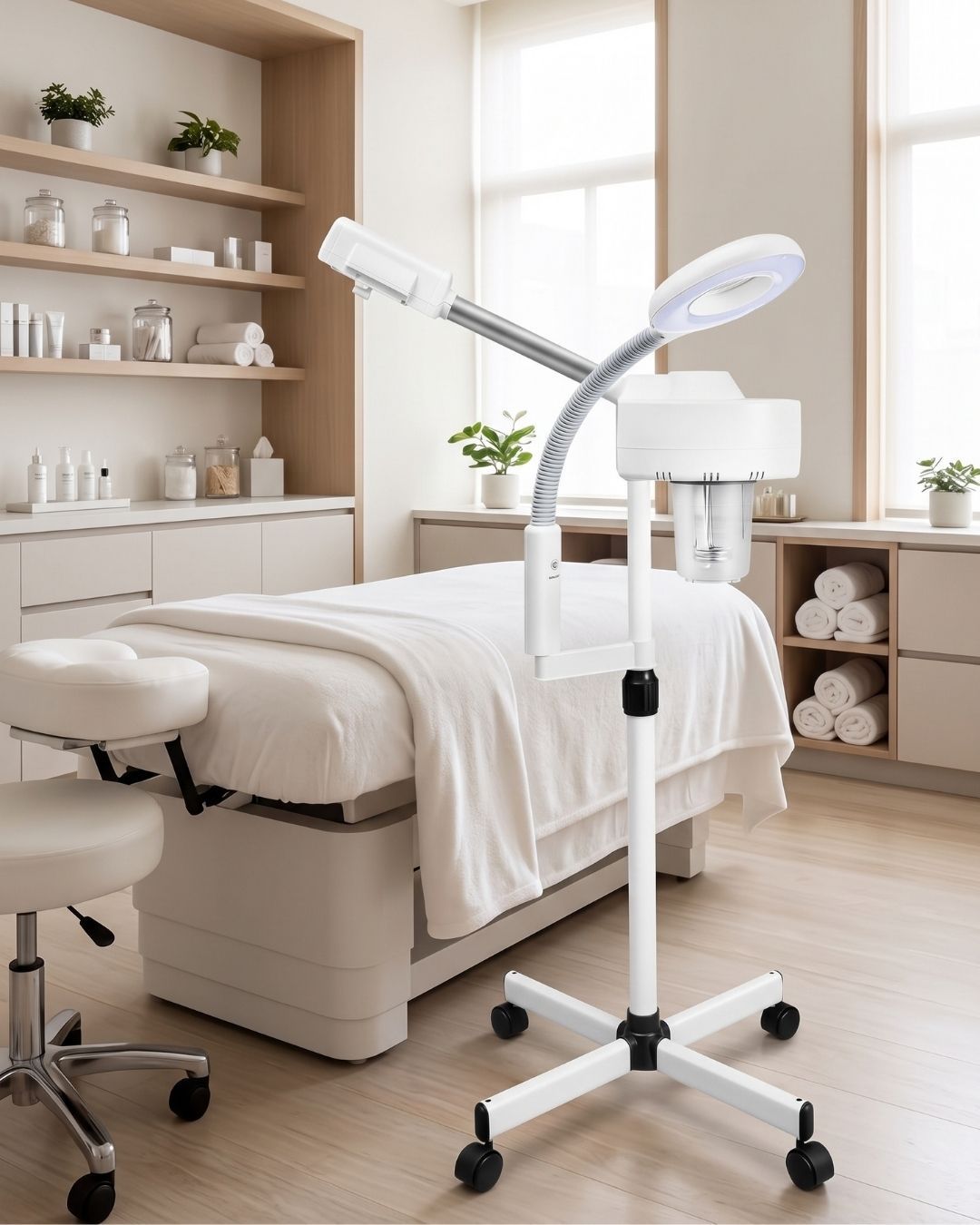Vaporizador facial con lupa LED en el gabinete