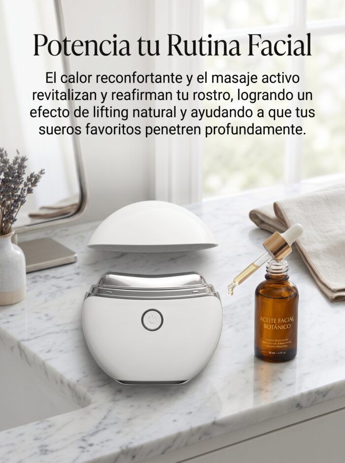 Equipo facial junto a un frasco de sérum