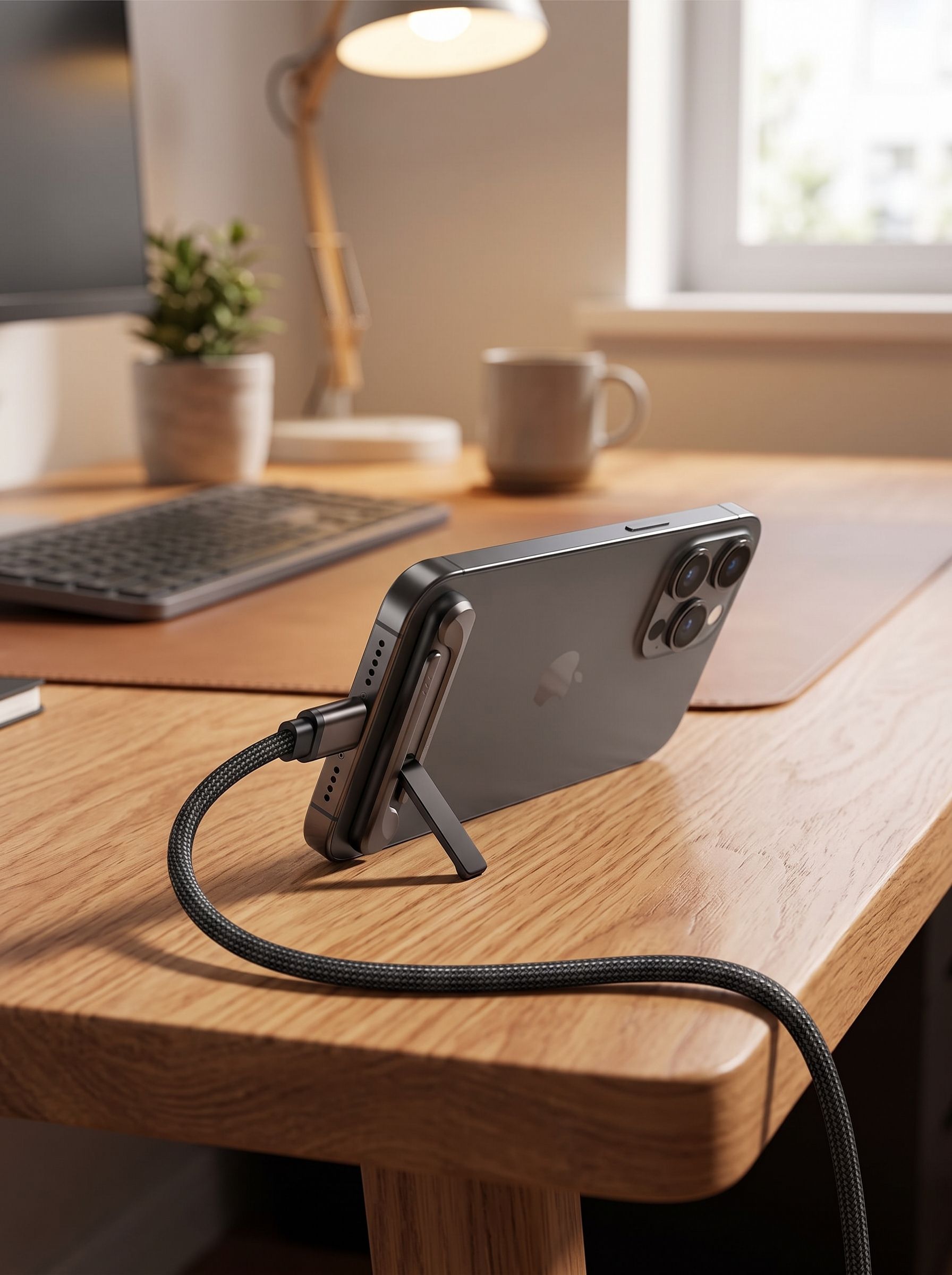 Cable 240W con soporte plegable sosteniendo un celular