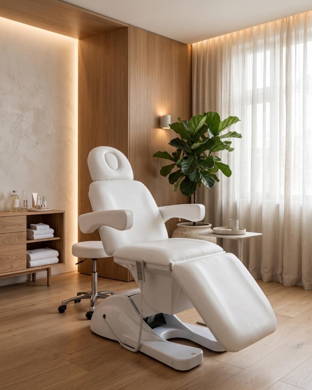 Camilla eléctrica articulada para estética blanca con apoyabrazos
