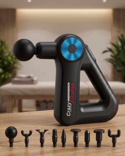 Mini pistola de masaje muscular con sus 9 cabezales