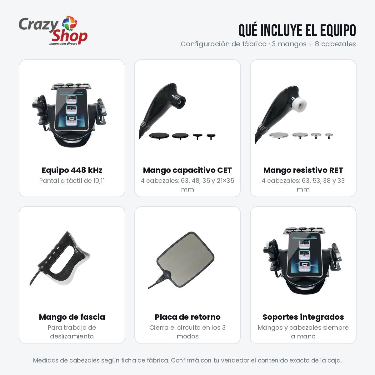 Qué incluye el equipo: mangos, cabezales y placa de retorno